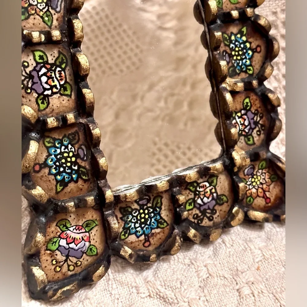 Handcrafted Floral Motifs Painted Glass Wood Arch Wall Mirror Black Bronze Leaf